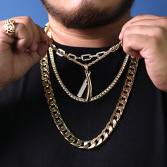 Straight Razor Blade Cz Pendant 24" Rope Chain Hip Hop Style 18k Gold Plated