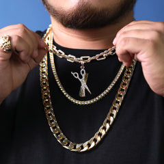 Scissors & Hair Comb Cz Pendant 24" Rope Chain Hip Hop Style 18k Gold Plated