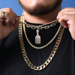 Afro Pick Cz Pendant 24" Rope Chain Hip Hop Style 18k Gold Plated