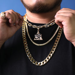 Eye Of Rah Pyramided Pendant 24" Rope Chain Hip Hop Style 18k Gold Plated