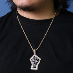 Iced Baguette BLM Fist Pendant 24"Rope Chain Hip Hop Style 18k Gold Plated