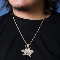 Iced Marijuana Leaf Pendant 24"Rope Chain Hip Hop Style 18k Gold Plated