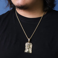 Iced Jesus Face Pendant 24"Rope Chain Hip Hop Style 18k Gold Plated