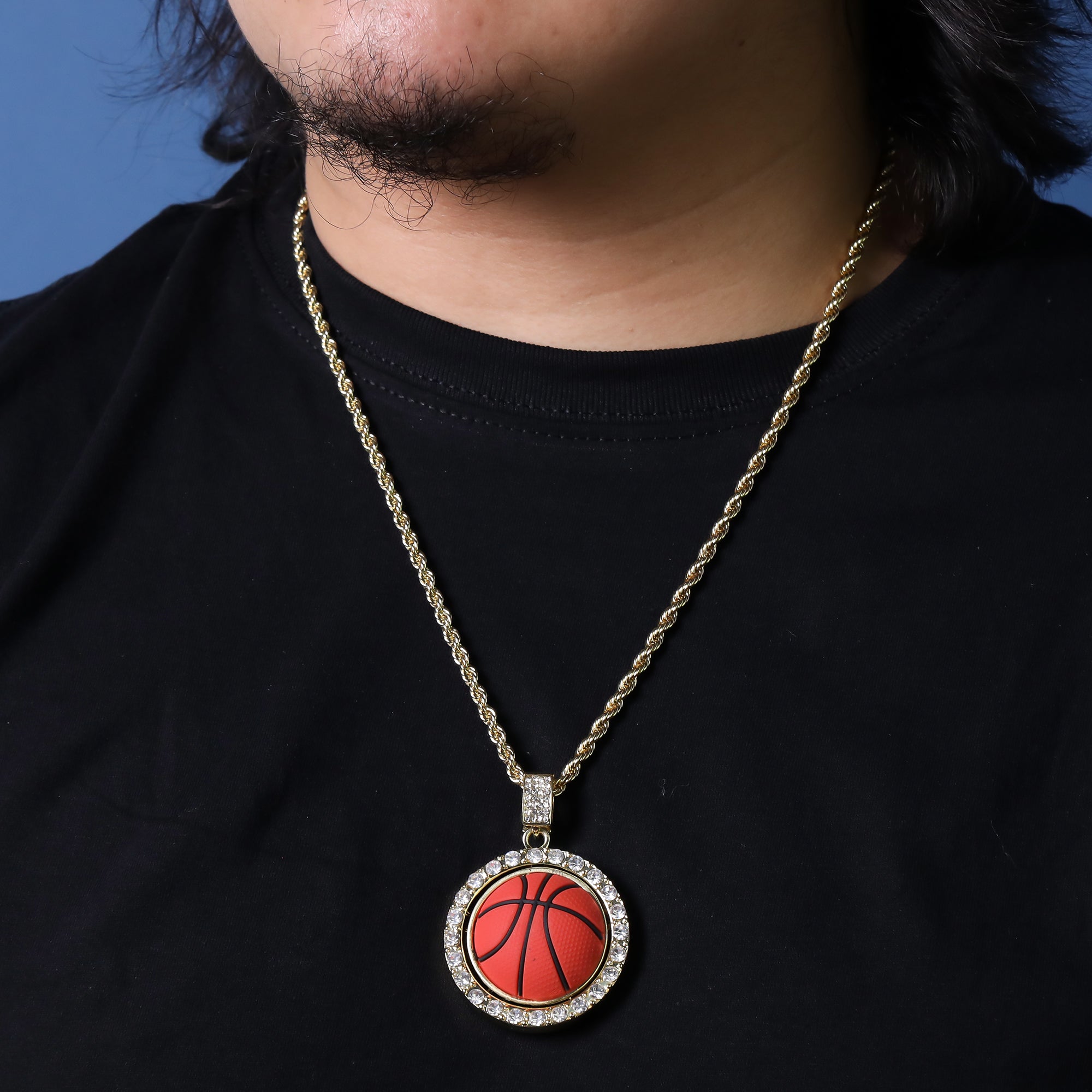 Iced Round Basketball Pendant 24"Rope Chain Hip Hop Style 18k Gold Plated