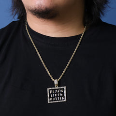 Iced Block Black Lives Matter Pendant 24"Rope Chain Hip Hop Style 18k Gold Plated