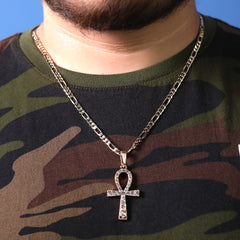 Egyptian Ankh Pendant 24" Figaro Chain Hip Hop Style 18k Gold Plated