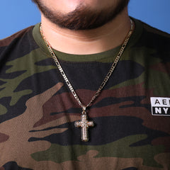 Hollow X Cross Iced Pendant 24" Figaro Chain Hip Hop Style 18k Gold Plated