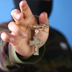 M1 Jesus Cross Iced Pendant 24" Figaro Chain Hip Hop Style 18k Gold Plated
