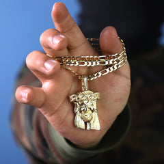 Jesus Crown Plain Pendant 24" Figaro Chain Hip Hop Style 18k Gold Plated