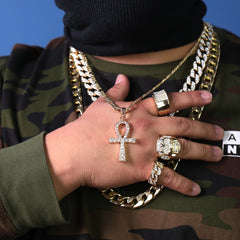 Egyptian Ankh Pendant 24" Figaro Chain Hip Hop Style 18k Gold Plated