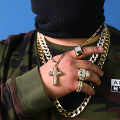 Hollow X Cross Iced Pendant 24" Figaro Chain Hip Hop Style 18k Gold Plated