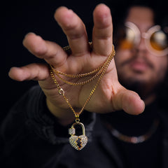 Lock Broken Heart Pendant 24" Cuban Chain Hip Hop Style 18k Gold Stainless Steel