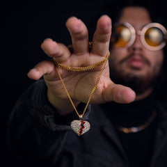 Broken Heart Pendant 24" Cuban Chain Hip Hop Style 18k Gold Stainless Steel
