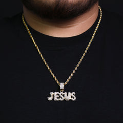 Jesus Bubble Letter Iced Pendant 24" Rope Chain Hip Hop Style 18k Gold Plated