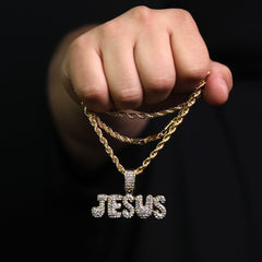 Jesus Bubble Letter Iced Pendant 24" Rope Chain Hip Hop Style 18k Gold Plated