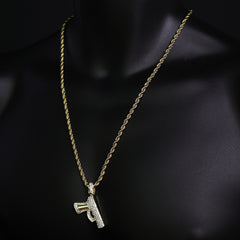 Iced Pistole Pendant 24"Rope Chain Hip Hop Style 18k Gold Plated Necklace