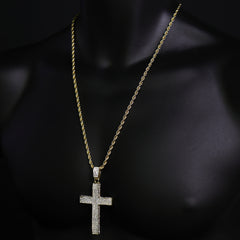 Cz Long 4 Row Cross Pendant 24" Rope Chain Hip Hop Style 18k Gold Plated