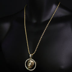 Iced Black Round Lion Face Pendant 24"Rope Chain Hip Hop Style 18k Gold Plated