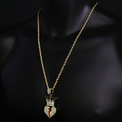 Iced Crown Broken Heart Pendant 24"Rope Chain Hip Hop Style 18k Gold Plated