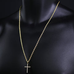 Iced Micro Thin 1 Line Cross Pendant 24" Rope Chain Hip Hop Style 18k Gold PT