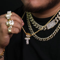 Copy of Crown Bubble letter T Pendant 24" Rope Chain Hip Hop Style 18k Gold PT