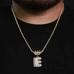 Crown Bubble Letter E Pendant 24"Rope Chain Hip Hop Style 18k Gold Plated Necklace