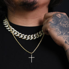 Iced Micro Thin 1 Line Cross Pendant 24" Rope Chain Hip Hop Style 18k Gold PT