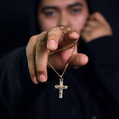 012 Jesus Cross Pendant 24" Cuban Chain Hip Hop Style 18k Gold Stainless Steel