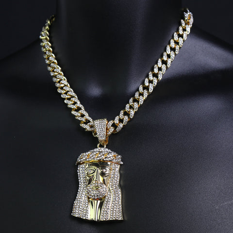 Flat Jesus Face Pendant Iced Cuban Cz Choker Chain Mens Hip Hop Jewelry 18-24"