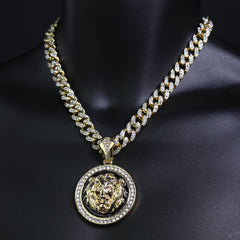 Lion Face Medallion Pendant Iced Cuban Fully Cz Choker Chain Mens Hip Hop Jewelry 18-24"