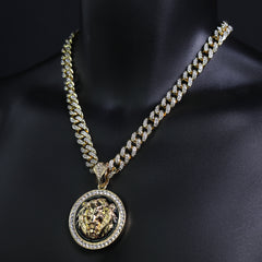 Lion Face Medallion Pendant Iced Cuban Fully Cz Choker Chain Mens Hip Hop Jewelry 18-24"