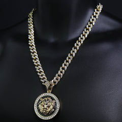 Lion Face Medallion Pendant Iced Cuban Fully Cz Choker Chain Mens Hip Hop Jewelry 18-24"