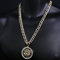 Lion Face Medallion Pendant Iced Cuban Fully Cz Choker Chain Mens Hip Hop Jewelry 18-24"