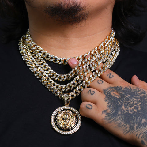 Lion Face Medallion Pendant Iced Cuban Fully Cz Choker Chain Mens Hip Hop Jewelry 18-24"