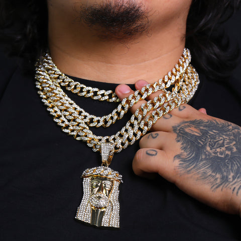 Flat Jesus Face Pendant Iced Cuban Cz Choker Chain Mens Hip Hop Jewelry 18-24"