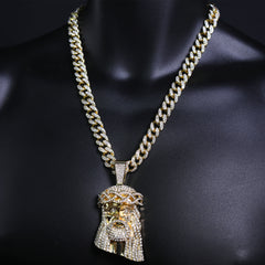 Tear Jesus Face Pendant Iced Cuban Cz Choker Chain Mens Hip Hop Jewelry 18-24"