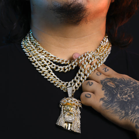 Tear Jesus Face Pendant Iced Cuban Cz Choker Chain Mens Hip Hop Jewelry 18-24"
