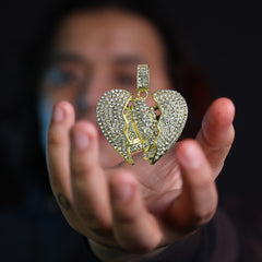 Iced Prayer Hands w/ Broken Heart Pendant Only Jewelry Hip Hop Style 18k Gold Plated