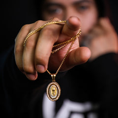 Oval Virgin Guadalupe Pendant 24" Cuban Chain Hip Hop Style 18k Gold Stainless Steel