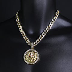 Red Eye Lion Pendant Iced Cuban Cz Choker Chain Mens Hip Hop Jewelry 18-24"
