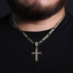 Staple Edge Cross Pendant 20" Figaro Chain Hip Hop Style 18k Gold Plated