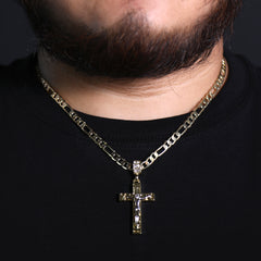 Copy of Jesus Nugget Cross Two Tone Iced Pendant 20" Figaro Chain Hip Hop Style 18k Gold Plated