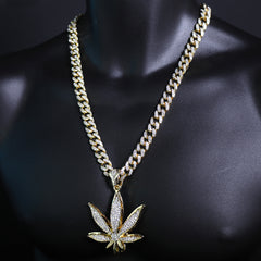Iced Large Gold Marijuana Pendant Iced Cuban Cz Chain Mens Hip Hop Jewelry 18-24"