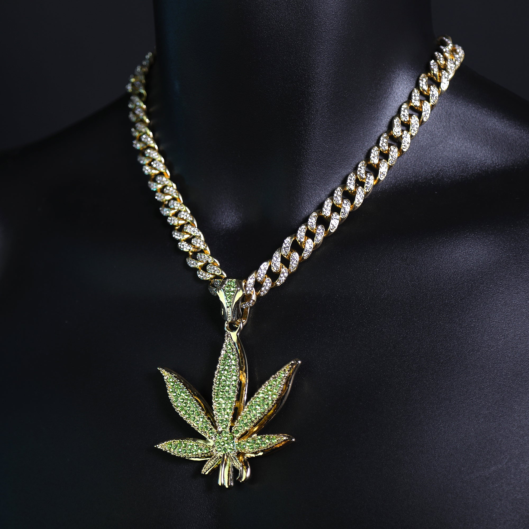 Iced Large Green Marijuana Pendant Iced Cuban Cz Chain Mens Hip Hop Jewelry 18-24"