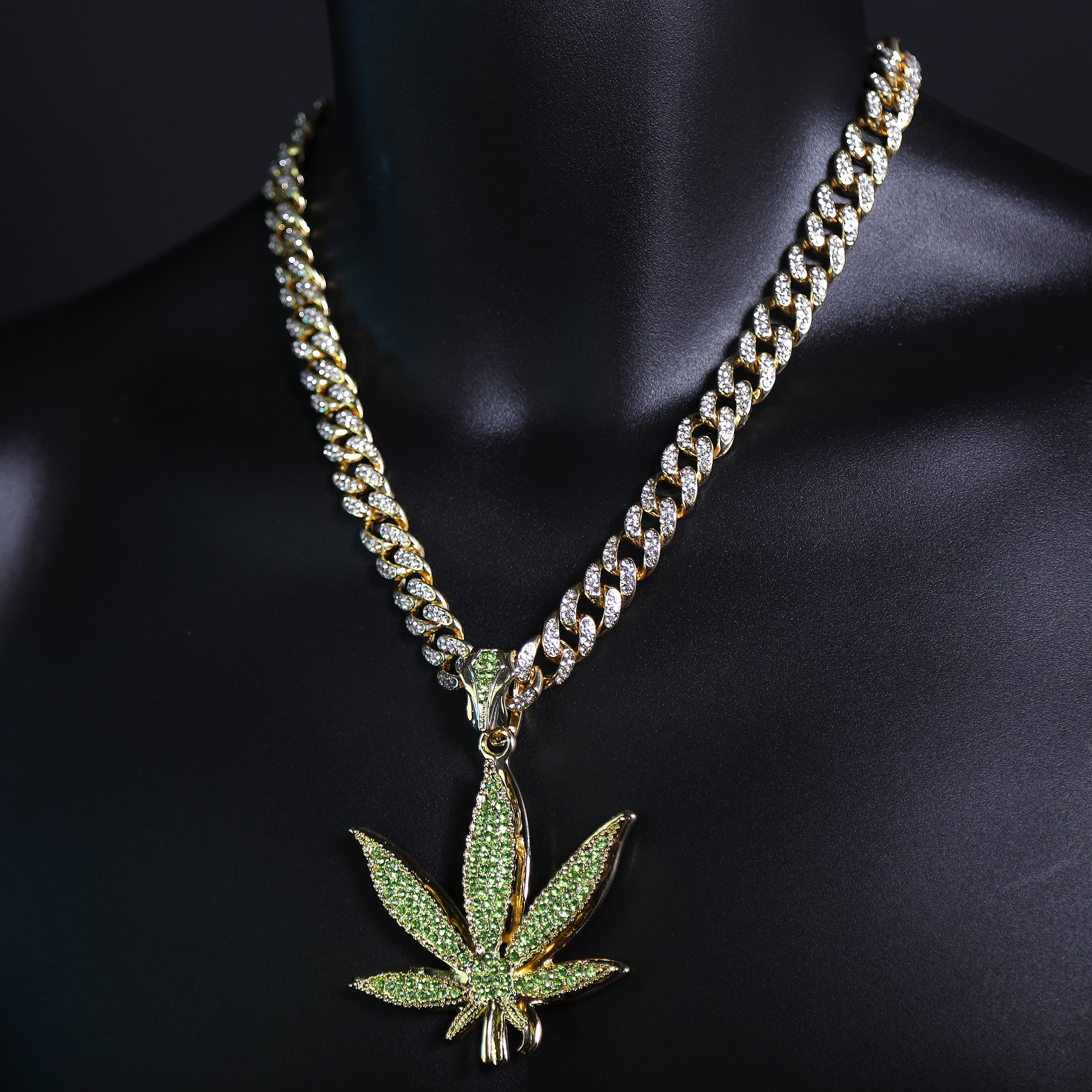 Iced Large Green Marijuana Pendant Iced Cuban Cz Chain Mens Hip Hop Jewelry 18-24"