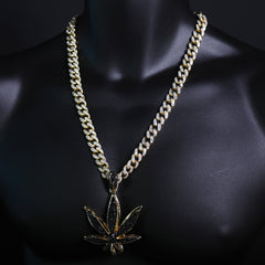 Iced Large Black Marijuana Pendant Iced Cuban Cz Chain Mens Hip Hop Jewelry 18-24"