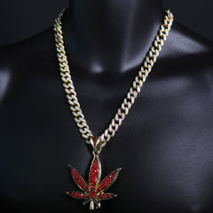 Iced Large Red Marijuana Pendant Iced Cuban Cz Chain Mens Hip Hop Jewelry 18-24"
