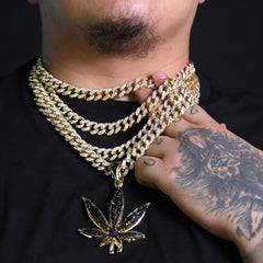 Iced Large Black Marijuana Pendant Iced Cuban Cz Chain Mens Hip Hop Jewelry 18-24"