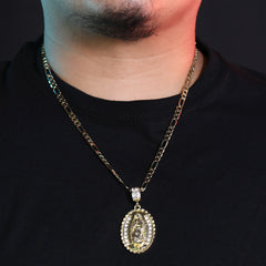 Iced Oval Guadalupe Pendant 24" Figaro Chain Hip Hop Style 18k Gold Plated