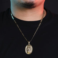Iced Plain Hook Oval Guadalupe Pendant 24" Figaro Chain Hip Hop Style 18k Gold Plated